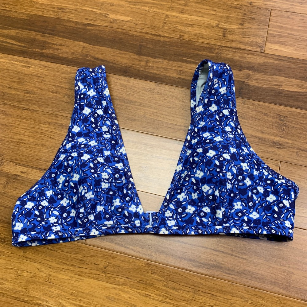 Aerie Scoop Bikini Top Blue White Floral Print Swimwear Summer Beach Size Large